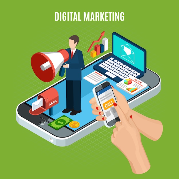 Digitale marketing service isometrisch met smartphone-laptop en persoon met luidspreker op groen