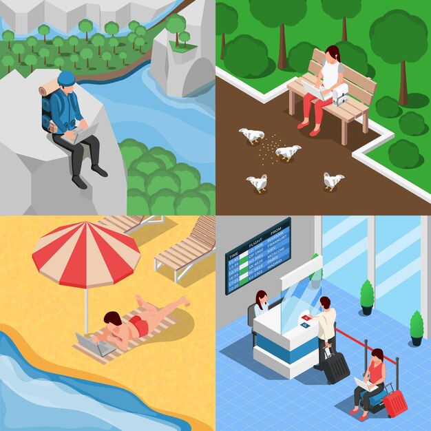 Digitale nomaden 2x2 isometrische set van vier vierkante composities met park bergen strand en luchthaven landschappen vector illustratie