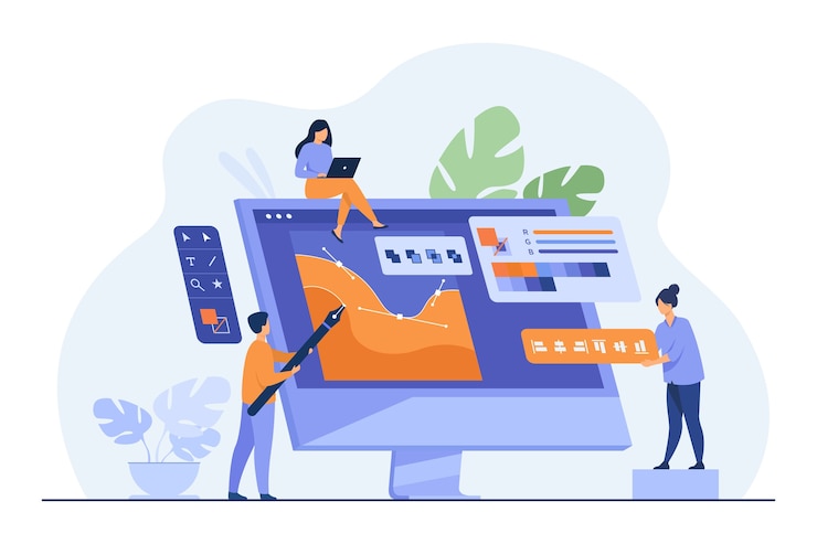 Gratis Vector digitale ontwerpers team tekenen met pen op computermonitor.