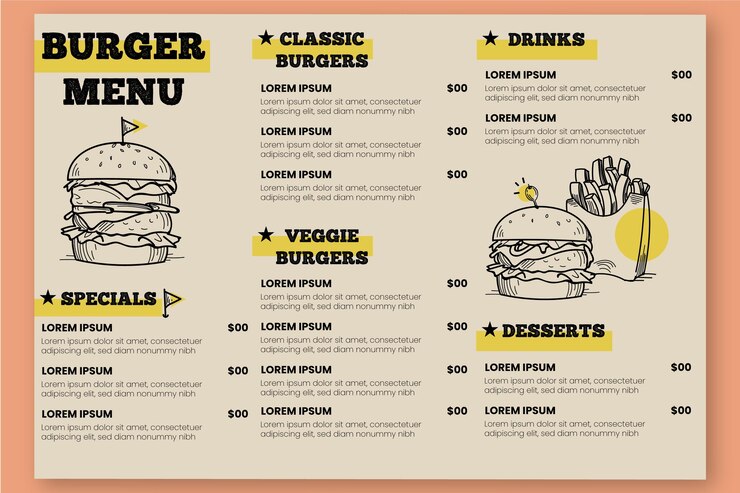 Gratis Vector digitale restaurant menusjabloon horizontaal met illustraties