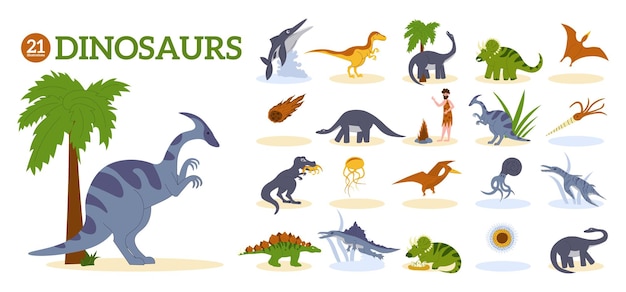 Gratis vector dinosaur platte compositie met verschillende vertegenwoordigers van inwoners van oude tijdperken cartoon vectorillustratie