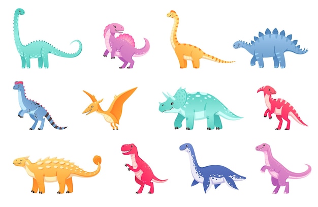 Gratis vector dinosaurussen cartoon set met geïsoleerde pictogrammen en doodle karakters van dino's van verschillende rassen en kleuren vectorillustratie