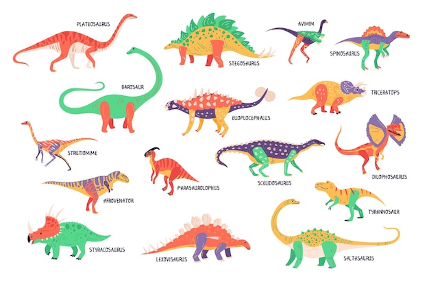 Dinosaurussen set van geïsoleerde kleurrijke iconen van dino's met staarten vleugels hoorns en bewerkbare tekstbijschriften vectorillustratie