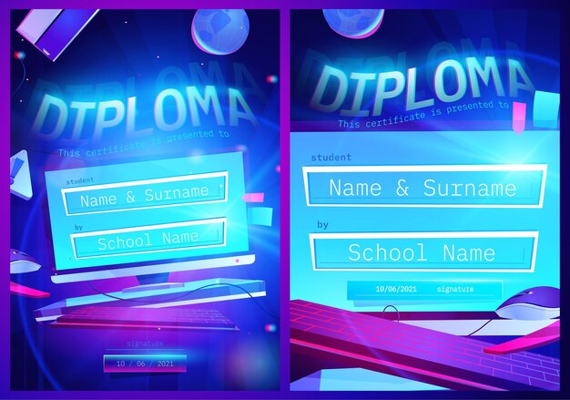 Diplomasjabloon met cartoon computerscherm