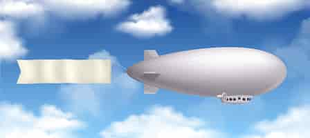 Gratis vector dirigible luchtschip realistische compositie met banner en wolken in de lucht