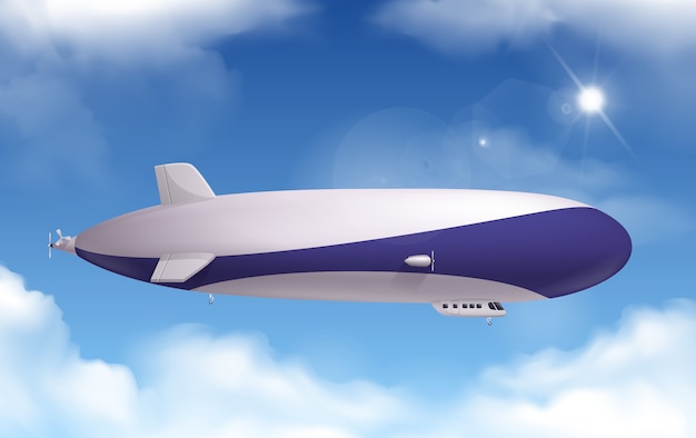 Gratis vector dirigible vervoer realistisch met lucht en wolken