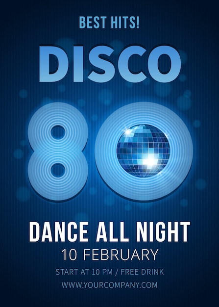 Gratis vector disco party poster met spiegelbol. beste hits van de jaren 80. muziek en club, poster en nachtclub. vector illustratie