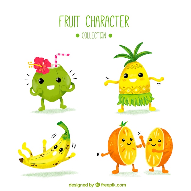 Gratis vector diverse fruit tekens in aquarel stijl