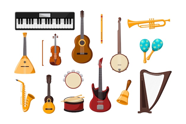 Gratis vector diverse muziekinstrumenten cartoon afbeelding instellen. accordeon, trombone, akoestische en elektrische gitaar, piano, drum, fluitfluit, saxofoon, harp geïsoleerd op een witte achtergrond. muziek, hobbyconcept