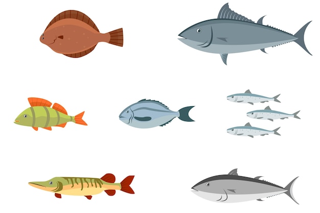 Diverse zeevissen en zoetwatervissen door vectorontwerp