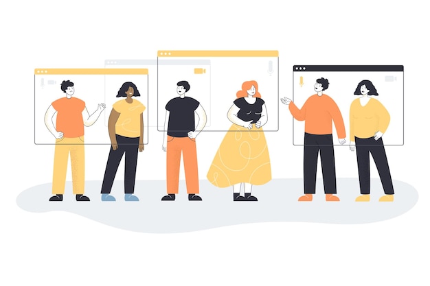 Diversiteitsteam van mensen die elkaar online ontmoeten in een videogesprek. groep kleine karakters die zich dichtbij vensters van de vlakke vectorillustratie van de zoomapp bevinden. virtuele conferentie op afstand vanuit thuiskantoor, webinarconcept