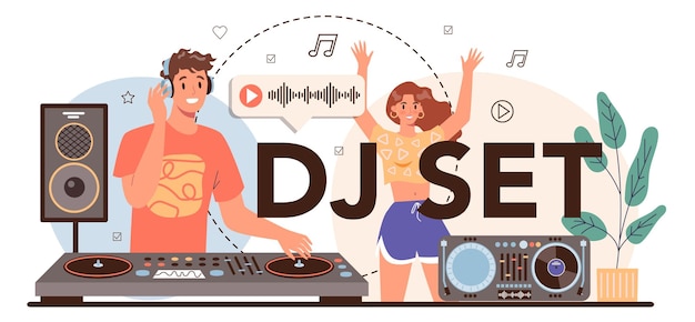 DJ set typografische header Persoon die op de draaitafel mixer staat, maakt muziek in de club Club muziekcomponist met koptelefoon Geïsoleerde platte vectorillustratie