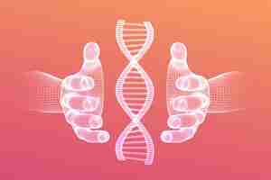 Gratis vector dna-sequentie in handen. wireframe dna-codemoleculen structureren mesh.