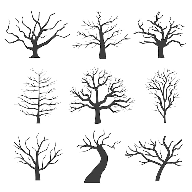 Dode boom silhouetten. Stervende zwarte enge bomen bos illustratie. Natuurlijke stervende oude boom van set
