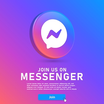 Doe met ons mee op messenger 3d-logo met webknop en muiscursorpictogram voor logo's van sociale media-pictogrammen