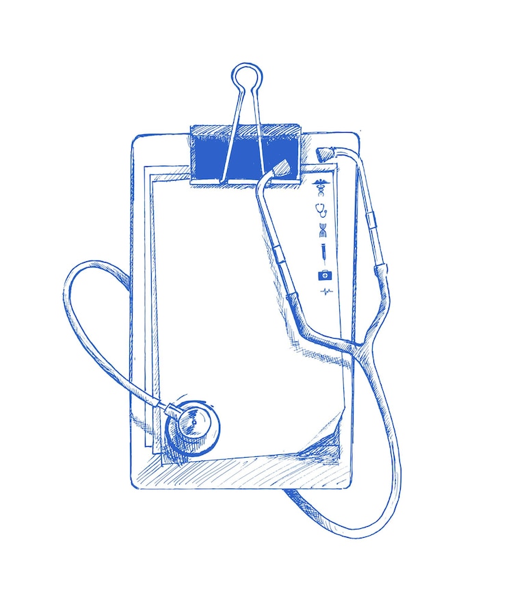 Gratis Vector dokter leeg klembord met moderne stethoscoop hand getrokken schets vectorillustratie