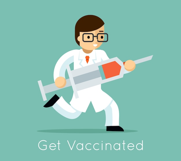 Dokter loopt met spuit. Vaccinatie tegen virus, naald en medicijn, vectorillustratie