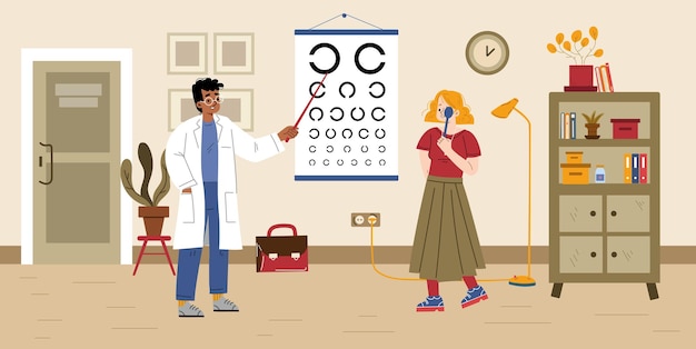 Dokter oogarts controleert het gezichtsvermogen van de patiënt
