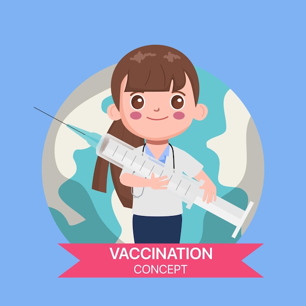 Gratis vector dokterskarakter met een vaccin om te beschermen tegen covid-19 griepprik.
