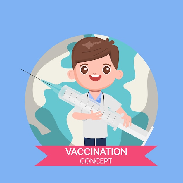 Gratis vector dokterskarakter met een vaccin om te beschermen tegen covid-19 griepprik.