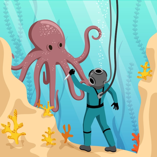 Dompelende isometrische cartoonachtergrond met duiker in duikpak die octopus ontmoet op zeebodem vectorillustratie