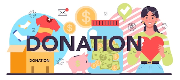 Donatie typografische kop Mensen of vrijwilligers doneren spullen om andere mensen te helpen Idee van humanitaire steun en filantropie Geïsoleerde vectorillustratie in cartoon-stijl