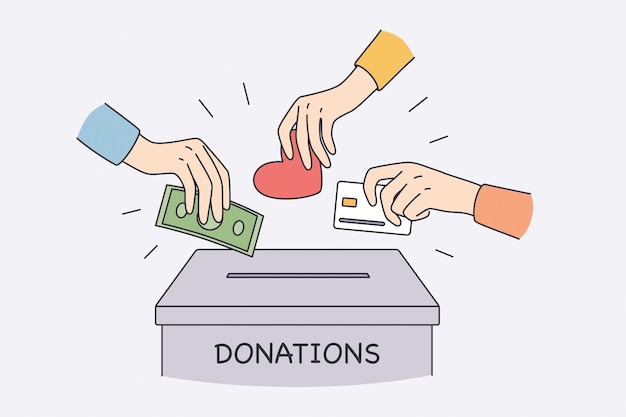 Donatiebox en liefdadigheidsconcept. mensenhanden die geld, liefde en hart in de donatiebox steken en samen helpen liefdadigheidsvectorillustratie te doen