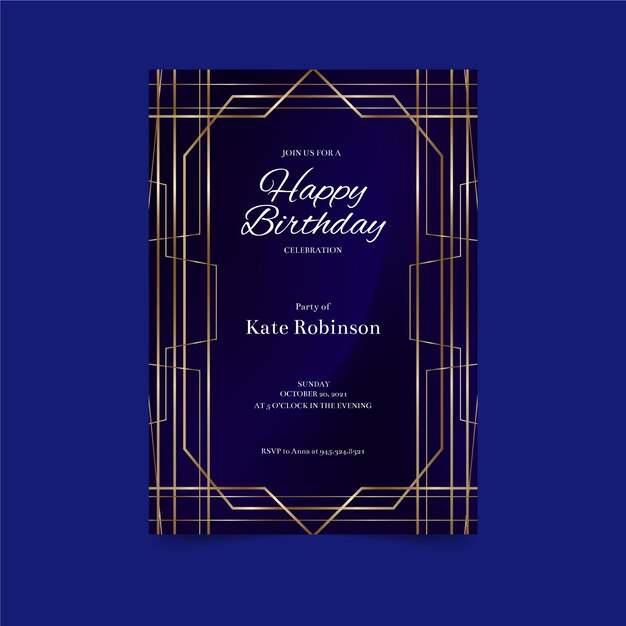 Donkerblauw met gouden lijnen verjaardagsuitnodiging sjabloon