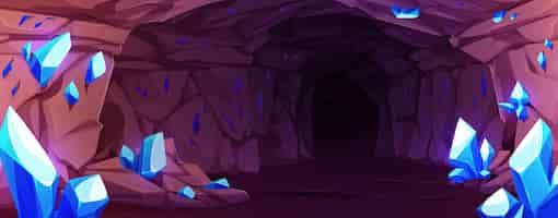 Gratis vector donkere grot met blauwe edelstenen op de muren vector cartoon illustratie van een ondergrondse mijn tunnel met glinsterende diamant stenen rotsachtige minerale stalactieten in de kerker schat zoeken spel achtergrond