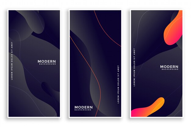 Donkere vloeibare stijl abstracte banners set van drie