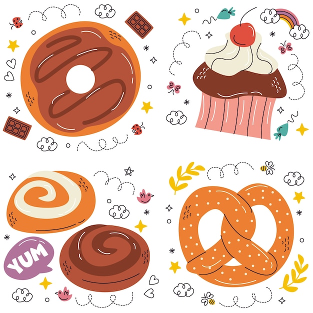 Gratis vector doodle bakkerij stickers collectie