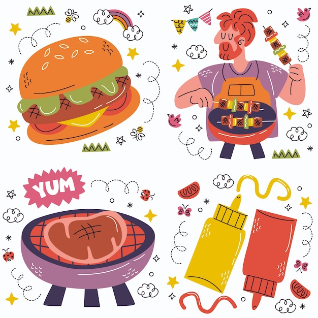 Gratis vector doodle barbecue stickers collectie