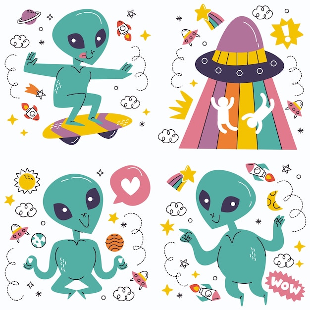 Gratis vector doodle buitenaardse stickers collectie