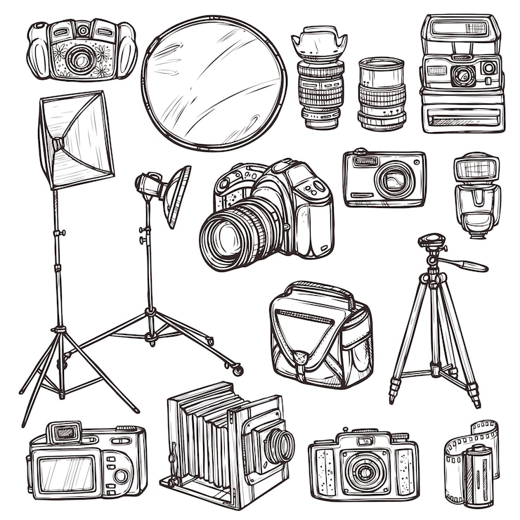 Gratis Vector doodle camera pictogrammen instellen
