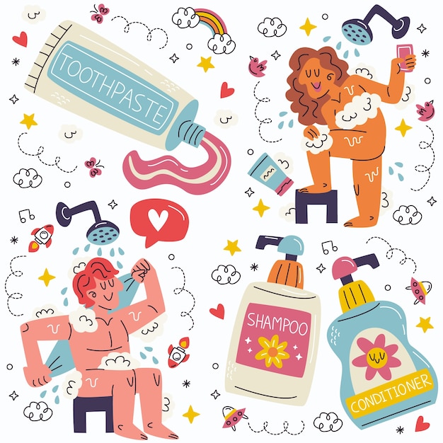 Gratis vector doodle douche sticker collectie