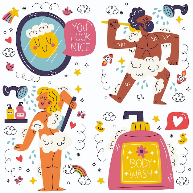 Gratis vector doodle douche sticker collectie