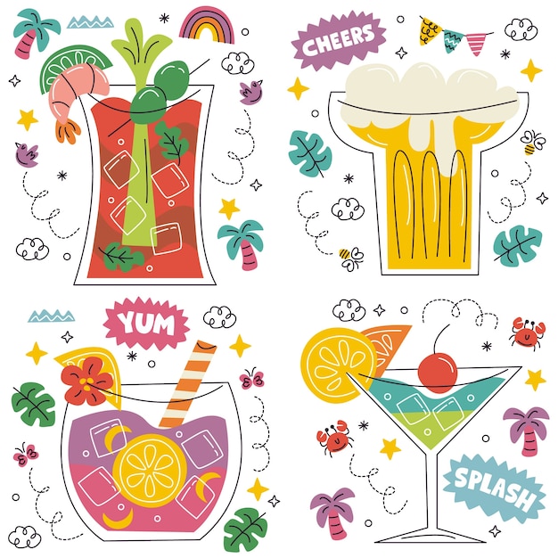 Gratis vector doodle drankjes stickers collectie