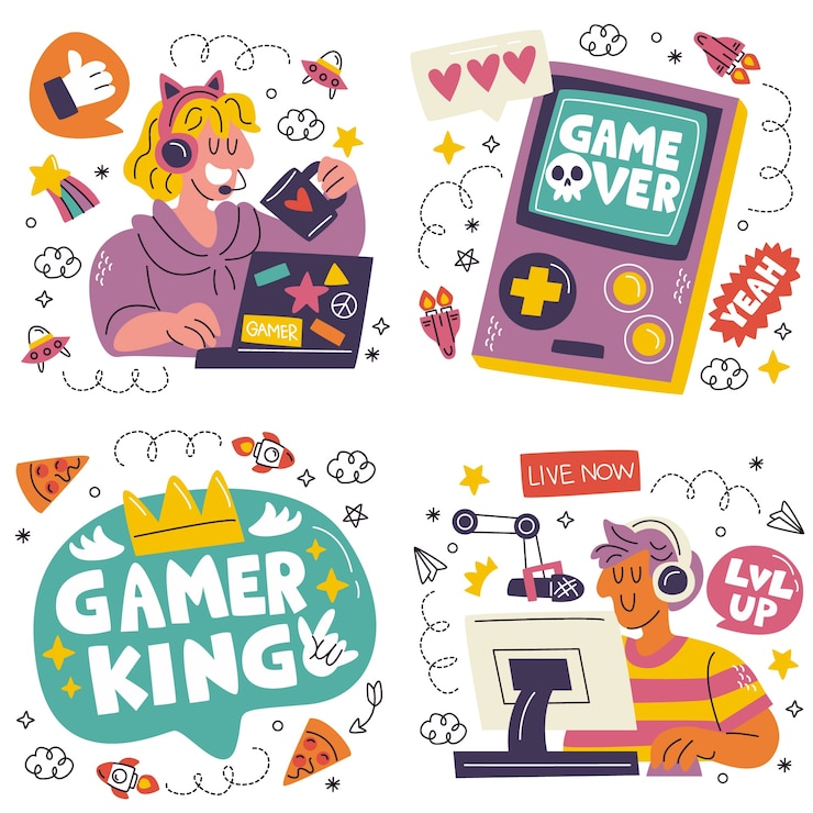 Gratis Vector doodle gamer stickers collectie
