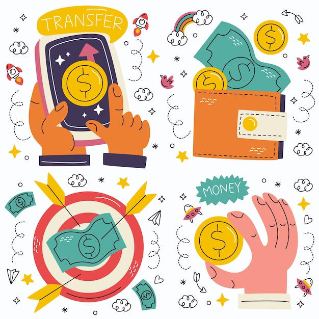 Gratis vector doodle geld sticker collectie