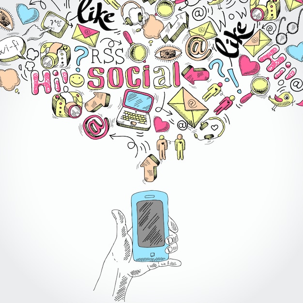 Doodle hand bedrijf mobiele smartphone met blog sociale media en communicatie toepassingen symbolen vector illustratie