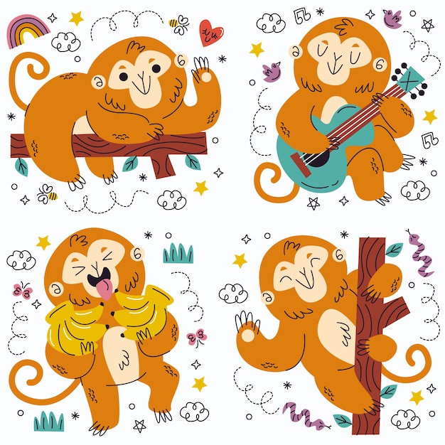Gratis vector doodle hand getrokken aap stickers collectie
