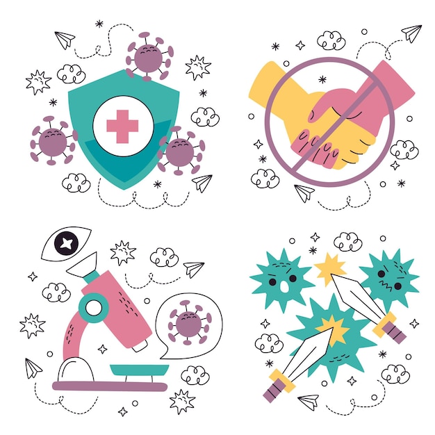 Doodle hand getrokken coronavirus stickers illustratie collectie