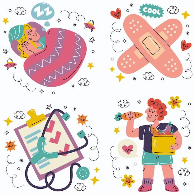 Doodle hand getrokken gezondheid stickers collectie