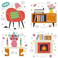 Gratis vector doodle hand getrokken meubels en interieur stickers collectie