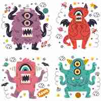 Gratis vector doodle hand getrokken monsters stickers collectie