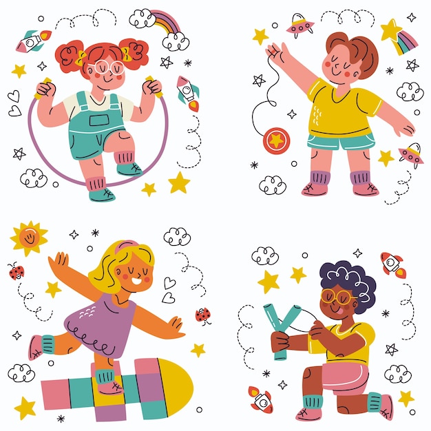 Doodle hand getrokken traditionele kinderspellen stickers collectie
