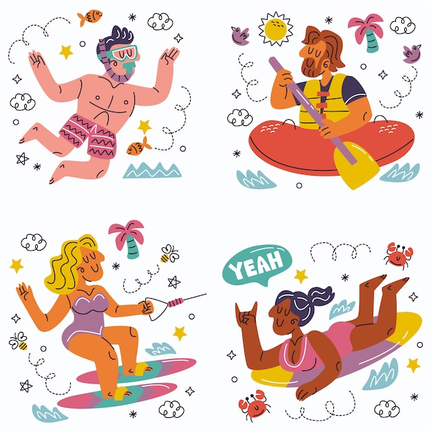 Gratis vector doodle hand getrokken watersport stickers collectie