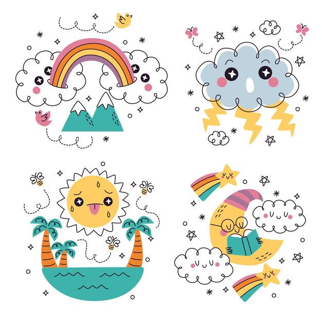 Doodle hand getrokken weer stickers illustratie set