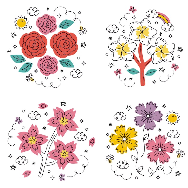 Doodle handgetekende bloemen en planten stickers set