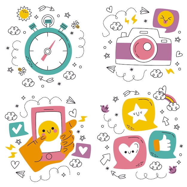 Gratis vector doodle handgetekende essentials-stickers